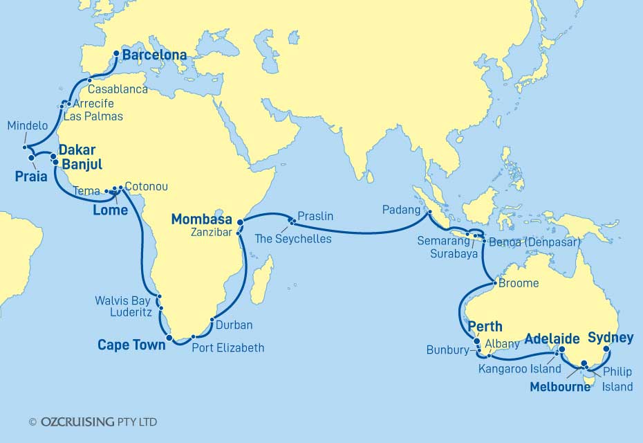 Seabourn Sojourn Sydney to Barcelona - Ozcruising.com.au
